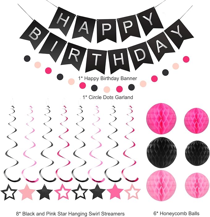 meowtastic Birthday Decorations, Happy Birthday Banner with Honeycomb Ball, Stars Hanging Swirl Streamer, Circle Dots Garland, Happy Birthday Party Decorations for Women Men Boys Girls (Black & Pink)