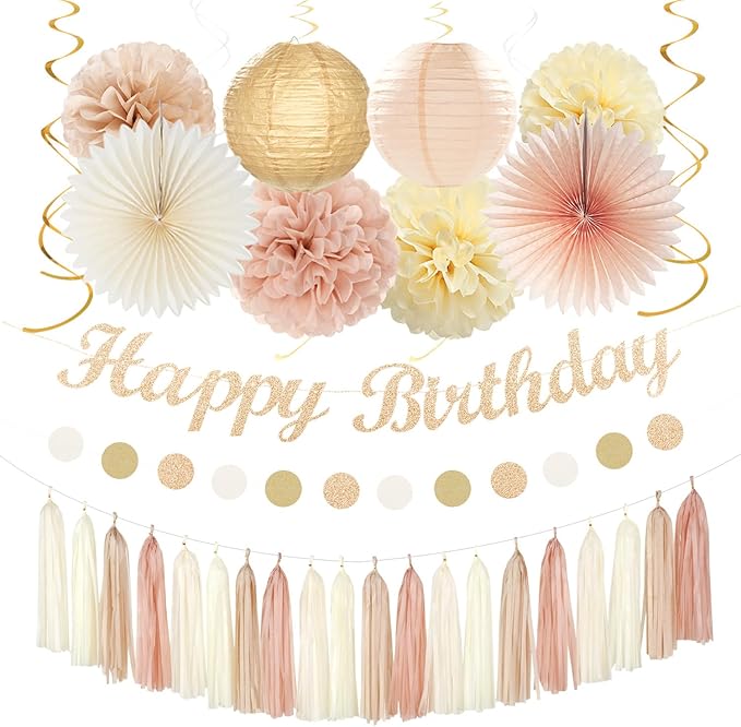 Champagne-Gold Beige 21st Happy-Birthday Party-Decorations - 31pcs Sweet 16 18th Women Girls Paper Lanterns Streamers Banner,Tissue Pom Poms Fans Tassels Graland Decor,Fall Boho Rose Backdrop Hugmoon