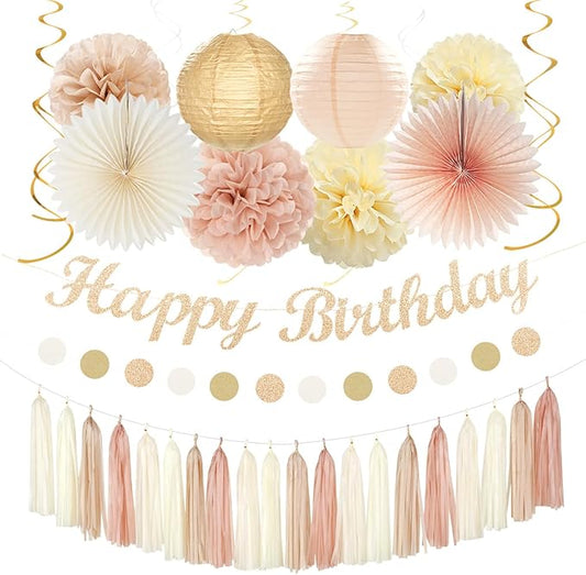 Champagne-Gold Beige 21st Happy-Birthday Party-Decorations - 31pcs Sweet 16 18th Women Girls Paper Lanterns Streamers Banner,Tissue Pom Poms Fans Tassels Graland Decor,Fall Boho Rose Backdrop Hugmoon