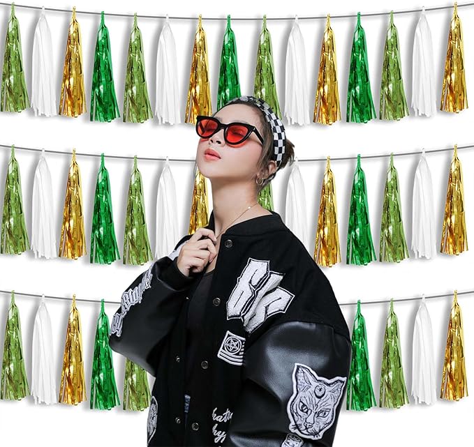 3P Metallic Fringe Tassel Banner Garland Foil Tinsel Streamer Wall Hanging Curtain Backdrop Banners for Parade Floats, Graduation Decorations, Woodland Party Decoration(Sage-Green Gold)