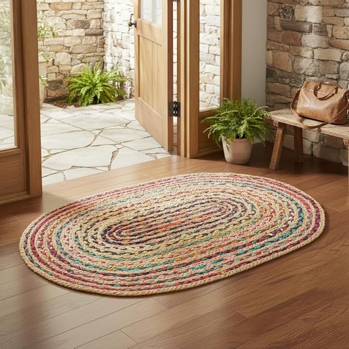 REDEARTH · Jute Cotton Chindi Area Rug - 2'x3' Oval Rug, Handwoven, Non-Shedding, Soft & Durable – Multi Tones for Home Décor in Living Room, Dining Room, Bedroom