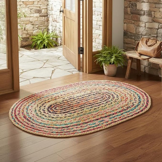 REDEARTH · Jute Cotton Chindi Area Rug - 2'x3' Oval Rug, Handwoven, Non-Shedding, Soft & Durable – Multi Tones for Home Décor in Living Room, Dining Room, Bedroom