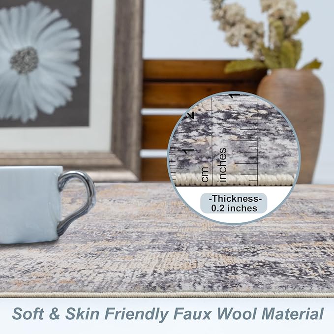 DomDomitapis Area Rug 3×5, Vintage Boho Rug,Ultra-Soft Low Pile, Washable, Non Slip,Stain Resistant Printed Carpet for Living Room Bedrooms Playroom Office Kitchen, Gold/Grey