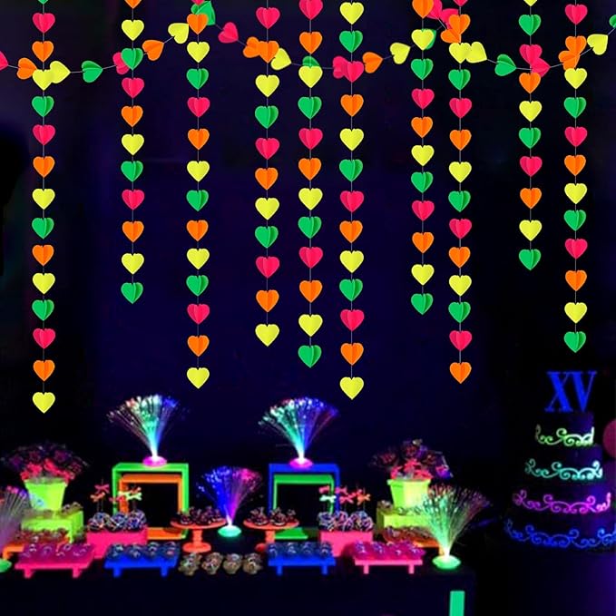 UV Neon Party Decorations Heart-Garland - 39Ft 3D Glow in The Dark Supplies, Hanging Paper Streamers Banner,Girl Romantic Wedding Anniversary Baby Bridal Shower Engagement Decor Ouruola