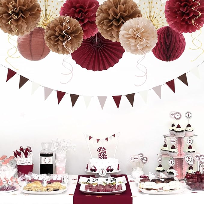 Burgundy Brown Beige Boho Party-Decorations - 20pcs Dusty Pink Fall Birthday Paper Lanterns Fans,Tissue Pom Poms,Honeycomb Balls,Autumn Wedding Bridal Shower Rustic Neutral Baby Decor Burgleda
