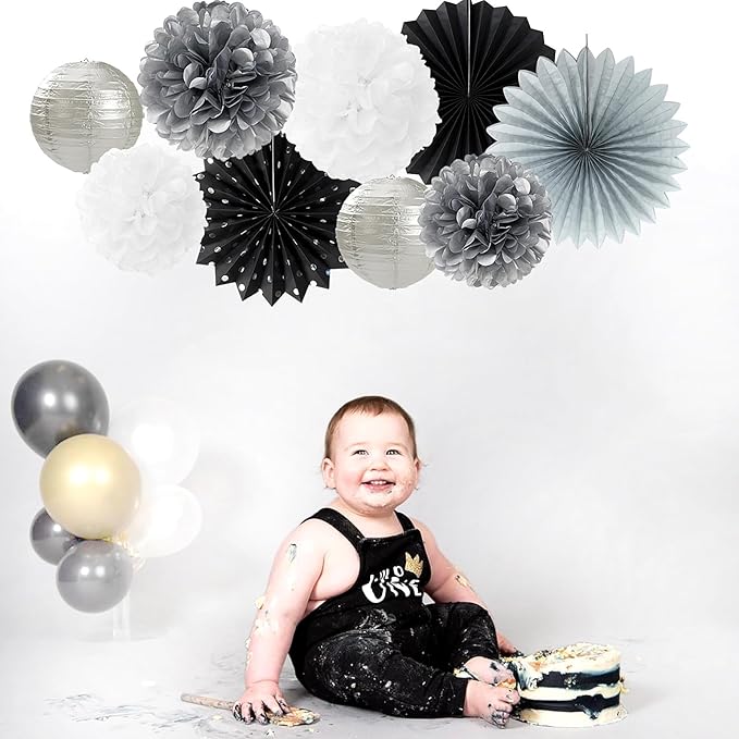 Black White Silver Party Decorations - 20pcs New Year Men Birthday Paper Lanterns Fans,Tissue Pom Poms,Honeycomb Balls,Bunting,Wedding Bachelorette Bridal Graduation Baby Decor Burgleda