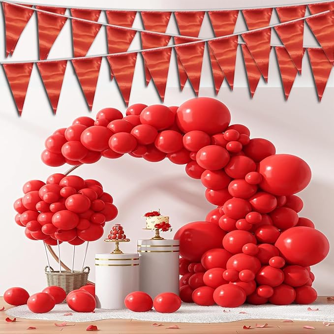 40M/130FT Red Triangle Pennant Banner Flag Metallic Fabric Bunting Garland for Christmas Graduation Wedding Engagement Anniversary Bachelorette Birthday Bridal Shower Valentines Hen Party Supplies