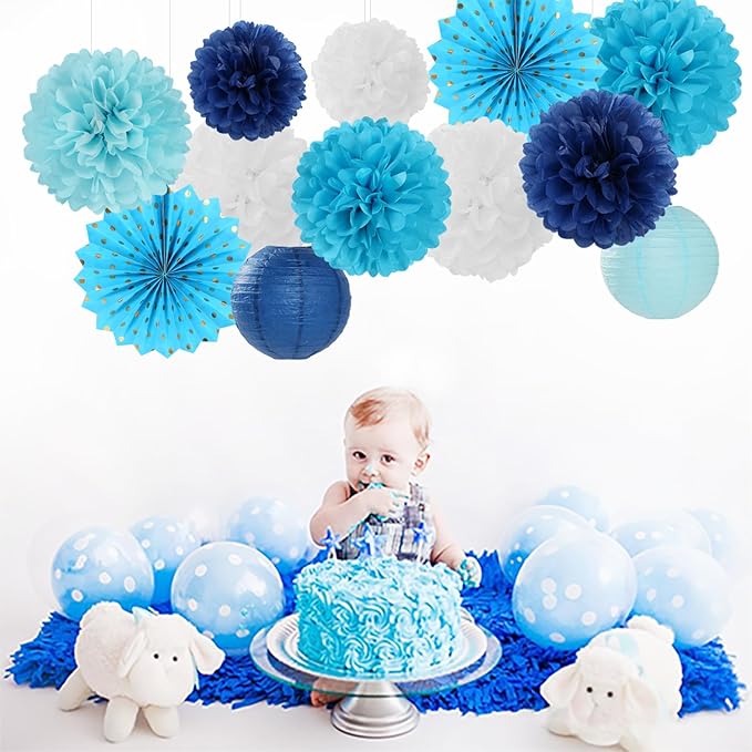 Light-Royal Navy-Blue White Party-Decorations - 20pcs Boy Baby Shower Paper Lanterns Fans,Tissue Pom Poms,Honeycomb Balls,Birthday Bachelorette Bridal Wedding Under The Sea Frozen Decor Burgleda