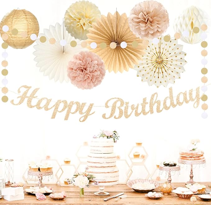 Champagne-Gold Beige Fall Boho Birthday Party-Decorations - 21pcs Autumn Neutral Retro Happy Banner,Girl One Sweet Peach Paper Streamers Lanterns,Tissue Pom Poms Fan,Rustic Backdrop Decor Huglony
