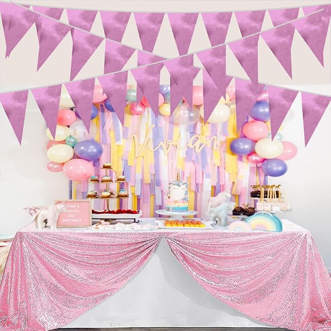 40M/130FT Pink Triangle Pennant Banner Flag Metallic Fabric Bunting Garland for Christmas Graduation Wedding Engagement Anniversary Bachelorette Birthday Bridal Shower Valentines Hen Party Supplies