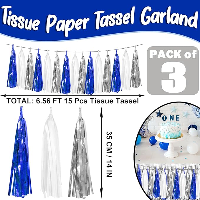 3P Navy-Blue White-Silver Tassel Garland Banner, Tassels Banner Streamers for Parade Floats, Bachelorette, Wedding, Birthday, Halloween, Christmas, Bridal/Baby Shower Party Decorations
