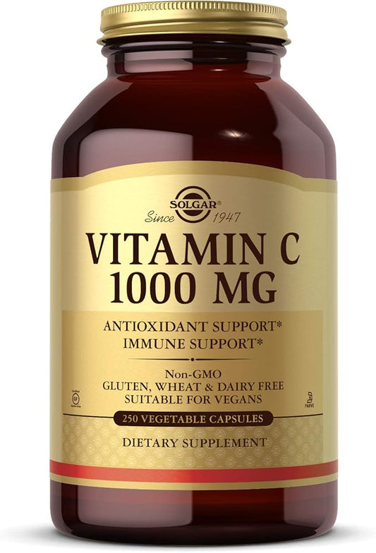 Solgar Vitamin C 1000 mg, 250 Vegetable Capsules - Antioxidant & Immune Support - Overall Health - Healthy Skin & Joints - Bioflavonoids Supplement - Non GMO, Vegan, Gluten No, Kosher - 250 Servings