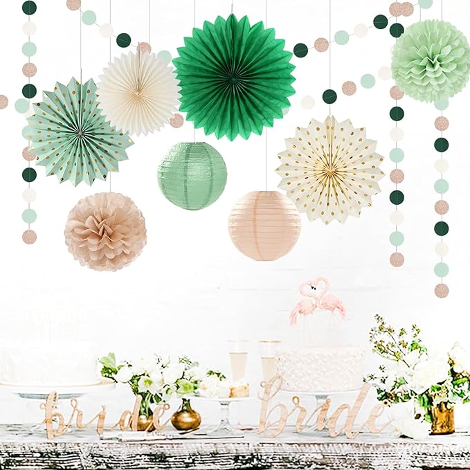 Olive-Sage Green Beige Champagne-Gold Party-Decorations - 33pcs Rustic Banner,Streamers Tassel Garland,Tissue Pom Poms,Paper Lantern Fans,Boho Neutral Baby Shower Birthday Bridal Decor Hugtmr