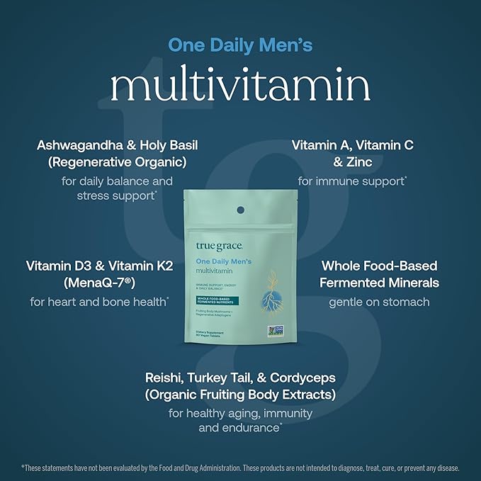 True Grace One Daily Men’s Multivitamin Fermented Minerals, Organic Adaptogens & Mushrooms Whole Body Balance Immune, Endurance, Bone & Heart Support - Non-GMO, Gluten Free - 90 Vegan Tablets