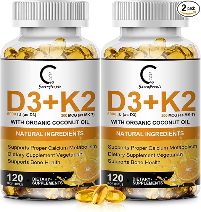 Vitamin D3 K2 Supplement with Vitamin D3 5000 IU, 200 mcg Vitamin K2 MK-7 & Natural Coconut Oil, Plant Based 2-1 Formula for Bone, Teeth, Muscle and Immune Health Support (120 Count (Pack of 2))