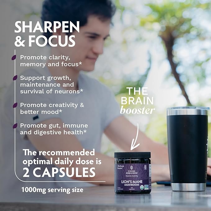 TRIBE ORGANICS Lion’s Mane Supplement 1000mg Mushroom Extract Powder - Immune System Booster & Brain Nootropic for Focus and Memory | Mental Clarity | Natural Energy and Immunity - 120 Vegan Capsules