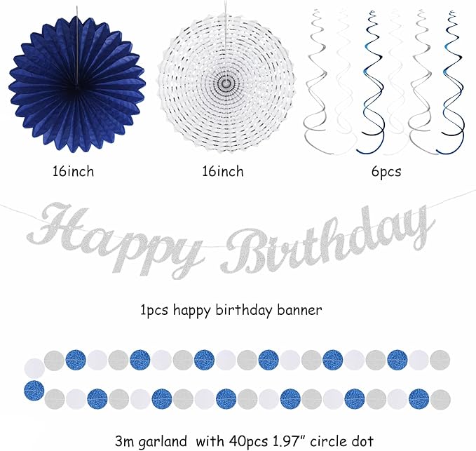 Navy-Blue White Sliver Birthday Party-decorations - 21pcs Men Boys Adult Happy Banner Garland, Royal Paper Streamers Lanterns,Flower Tissue Pom Poms Fan Supplies, Wall Backdrop Decor Huglony
