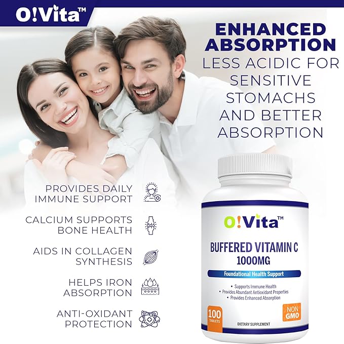 Buffered Vitamin C 1000mg for Support of Immune Health, 100 buffered Non-GMO Tablets, 100-day Supply