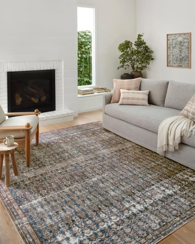 Loloi Amber Lewis Billie Collection, Ocean & Brick 2'-6" x 9'-6" Area Rug – Antique & Distressed Accent Rugs for Living Room, Bedroom, Entryway & Hallway, No Shed High Traffic Area Home Decor Rug