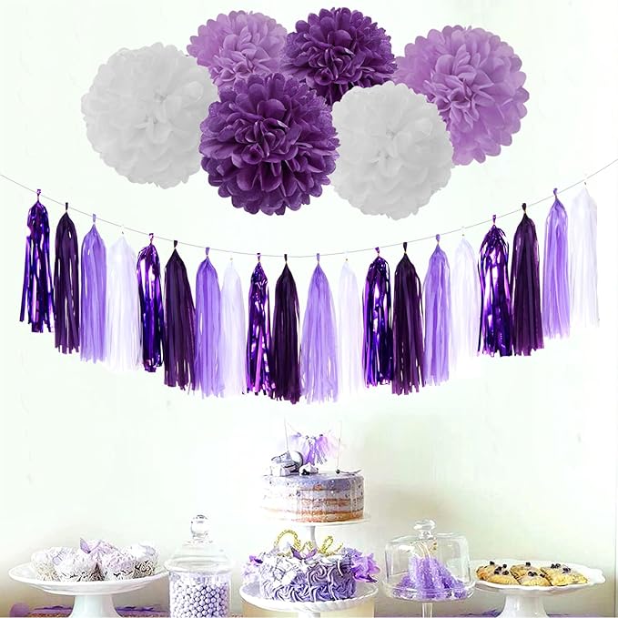 Purple White Lavender Party-Decorations Streamers - 28pcs Tissue Pom Poms,Women Girl Birthday Supplies Tassel Garland Banner,Baby Bridal Shower Wedding Engagement Bachelorette Graduation Decor Lasting Surprise