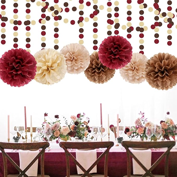 Boho Baby-Shower Burgundy-Brown Champagne Party-Decorations - 28pcs Neutral Birthday Rustic Wedding Bridal Tissue Pom Poms Streamers, Fall Autumn Tassel Garland Banner, Engagement Decor Ouruola