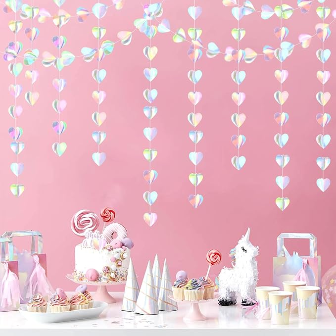 Iridescent Disco-Holographic Party-Decorations Heart-Garland - 39Ft Neon Wedding Hanging Paper Streamers Banner,Birthday Bachelorette Baby Bridal Shower Engagement Decor Ouruola
