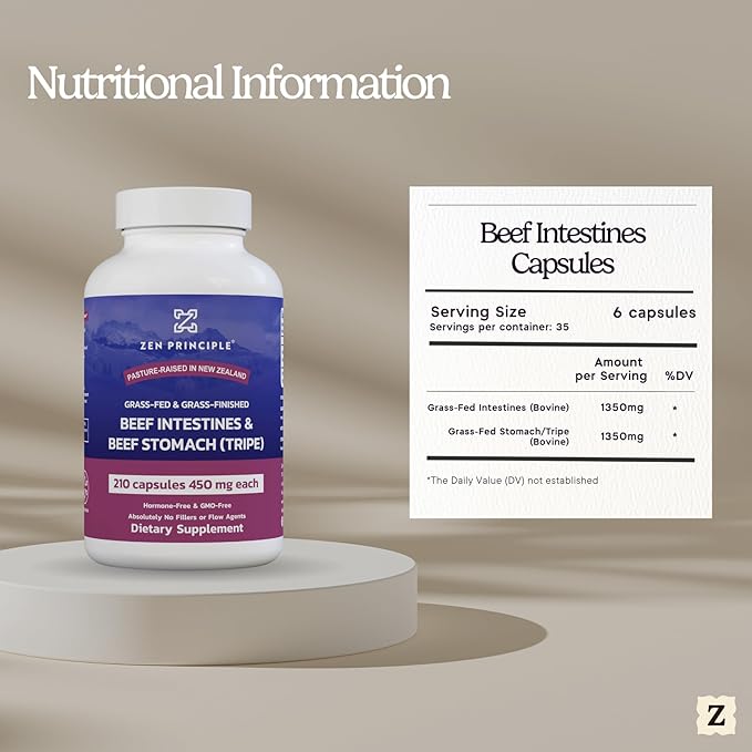 Zen Principle Grass Fed Beef Intestines with Stomach (Tripe) Supplement, Supports Digestive Health and Gut Balance, Supports Acid Reflux Balance, Natural Intestine Wellness, 210 Capsules