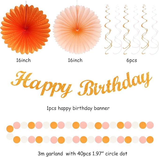 Orange-Beige Fal Boho Birthday Party-Decorations - 21pcs Autumn One Two Sweet Peach Happy Banner,Girls Groovy Paper Streamers Lanterns Honeycomb,Tissue Pom Poms Fan,Hippie Garland Decor Huglony