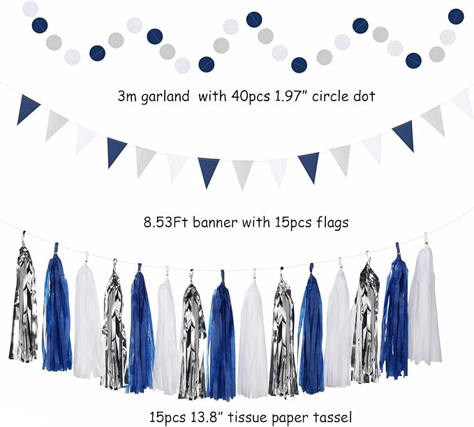 Navy-Blue White-Silver Graduation Party-Decorations - 33pcs Kits Banner, Streamers Tassel Garland,Tissue Pom Poms Honeycomb, Paper Lantern Fans,Wedding Birthday Baby Shower Backdrop Decor Hugtmr