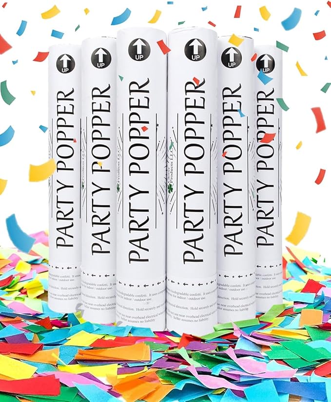 Clover Products 12" Biodegradable Confetti Cannons | 6 Pack Confetti Poppers for Weddings, Birthdays & Parties | Air-Powered Party Poppers Shoot 25 Feet | Safe for Indoor & Outdoor Use