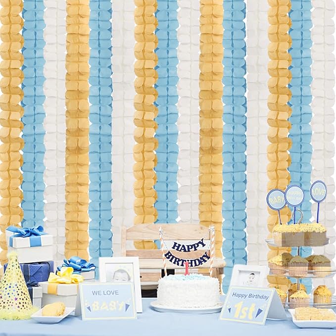 Light-Dusty Blue Beige-Gold Party Decorations - 12pcs Streamers-Garland Boho 4-Leaf Paper Banner,Men Boy Birthday Baby Bridal Shower Bachelorette Wedding Engagement Graduation Decor Ouruola