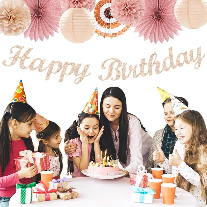Blush-Pink Rose-Gold Fall Birthday Party-Decorations - 21pcs Boho Happy Banner Sign,Women Paper Lanterns Honeycomb,One Sweet Peach Streamers Garland,Girl Tissue Pom Poms Flowers Fans Decor Burgleda