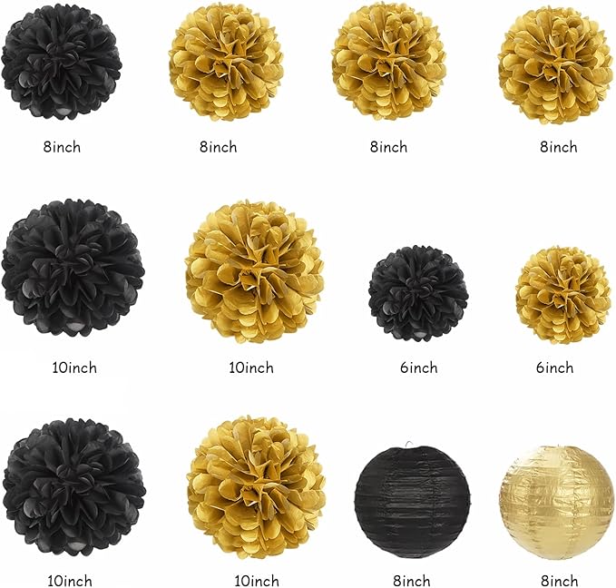 Black-Gold 2025 Class-Congratulations Graduation Party-Decorations - 22pcs High School College Grad Prom Supplies Decor, Tissue Pom Poms Streamers, Paper Flowers Lanterns Hugmoon
