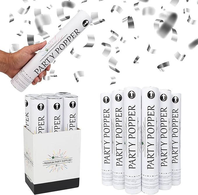 Confetti Cannon 12" – 6 Pack Silver Mylar Confetti Poppers | Party Poppers for Weddings, Birthdays, Graduations & Events | Air-Powered, Safe & Easy to Use | Shoots 25 Feet Indoor & Outdoor