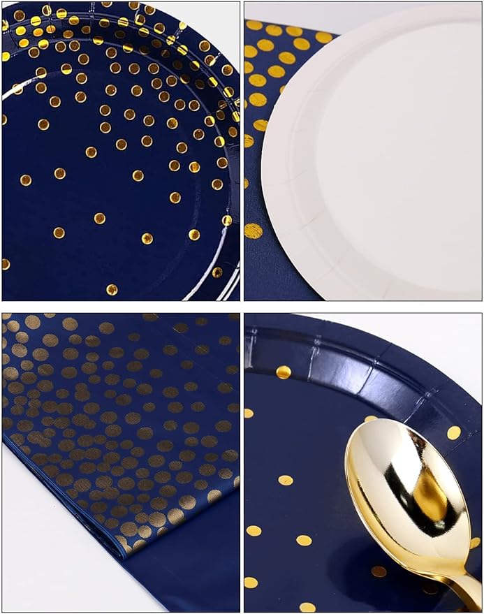 141 Pieces Navy Blue Gold Party Supplies, Disposable Party Decorations Sets Include Paper Plates Napkins Cups, Plastic Forks Knives Spoons, for Baby Shower Birthday Wedding -20 Guests