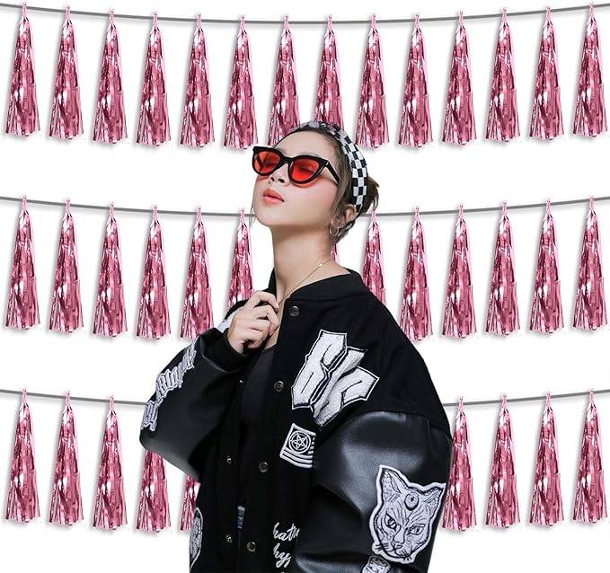 3P Metallic Fringe Tassel Banner Garland Foil Tinsel Streamer Wall Hanging Curtain Backdrop Banner for Parade Floats, Graduation Decorations, Wedding Party Decoration(Pink)