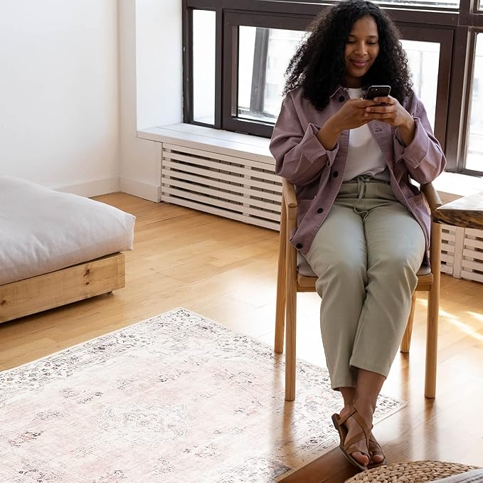 MUJOO Boho Area Rug 3'x5' Machine Washable, Pink Small Non Slip Area Rugs for Entryway Bedroom Bedside Kitchen Hallway Living Room Laundry Room Indoor Mat Soft Low-Pile Floral.