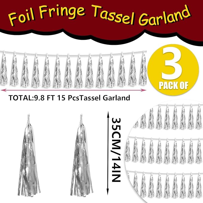 3P Metallic Fringe Tassel Banner Garland Foil Tinsel Streamer Wall Hanging Curtain Backdrop Banners for Parade Floats,Graduation Decorations, Christmas, Wedding Party Decoration(Silver)