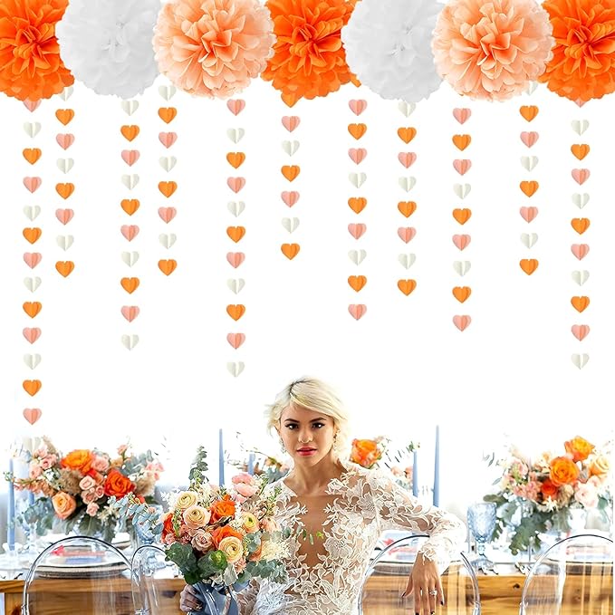 Beige-Orange Peach Fall Party-Decorations Heart-Garland - 39Ft Autumn Thanksgiving Birthday Boho Hanging Paper Streamers Banner,Birthday Bachelorette Baby Bridal Shower Engagement Decor Ouruola