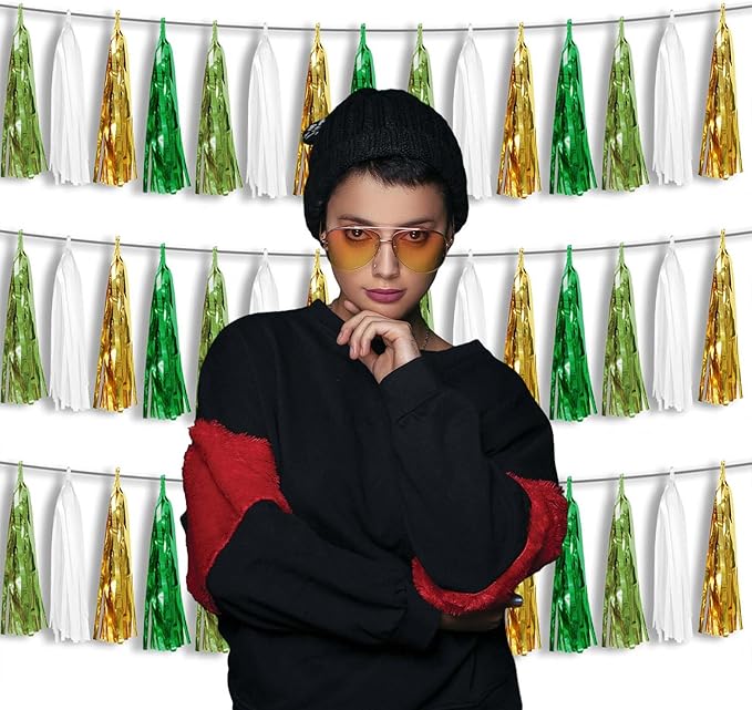 3P Metallic Fringe Tassel Banner Garland Foil Tinsel Streamer Wall Hanging Curtain Backdrop Banners for Parade Floats, Graduation Decorations, Woodland Party Decoration(Sage-Green Gold)