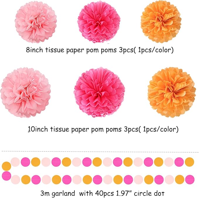 Hot-Pink Burnt-Orange Fall Party Decorations - 23pcs Birthday Baby Shower Tissue Pom Poms Streamers,Sunset Autumn Thanksgiving Tassel Garland Banner,Bridal Wedding Graduation Decor Backdrop Ouruola