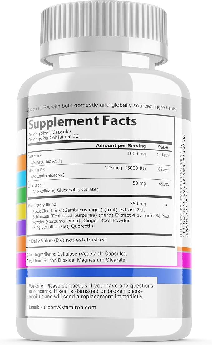 8 in 1 Immune Support with Quercetin Zinc 50mg Vitamin C 1000mg Vitamin D3 5000 IU and Elderberry Echinacea Ginger for Adults Kids - VIT D Supplement Veg Capsules