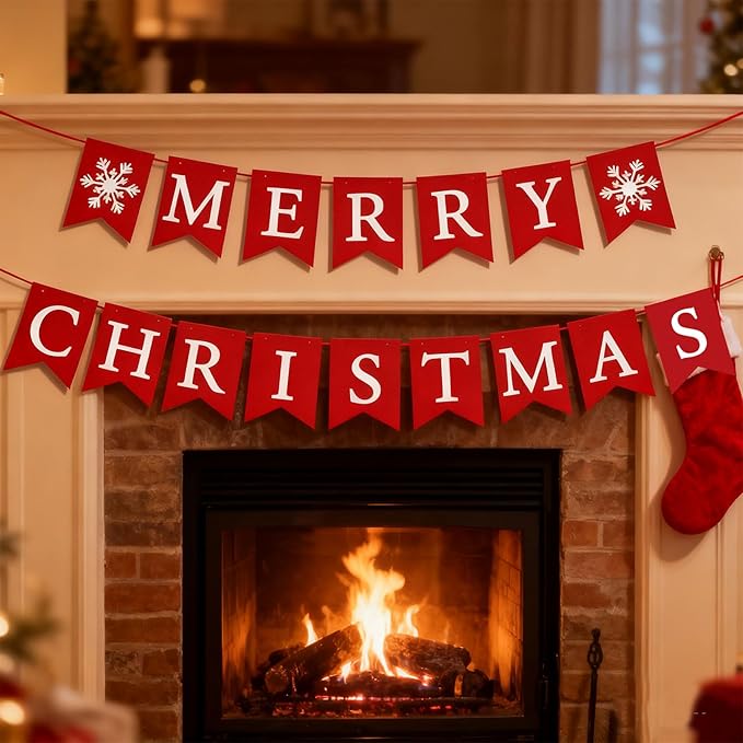 Red Merry Christmas Banner, Christmas Party Decorations, Indoor Outdoor Home Hanging