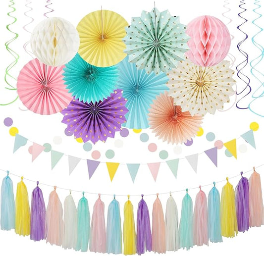 Pastel Rainbow Pink Purple Yellow Peach Party-Decorations - 33pcs Kits Banner,Streamers Tassel Garland,Tissue Pom Poms Honeycomb,Paper Lantern Fans,Birthday Wedding Bridal Baby Shower Decor Hugtmr