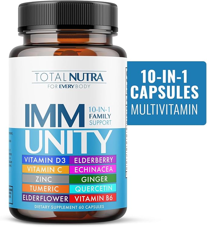 10-In-1 Immune Support Supplement: Immune Boosters for Adults & Kids Daily Immunity Defense with Key Immune System Vitamins Zinc, Vitamin C and D, Plus Elderberry, Quercetin, Echinacea & More, 60 Caps