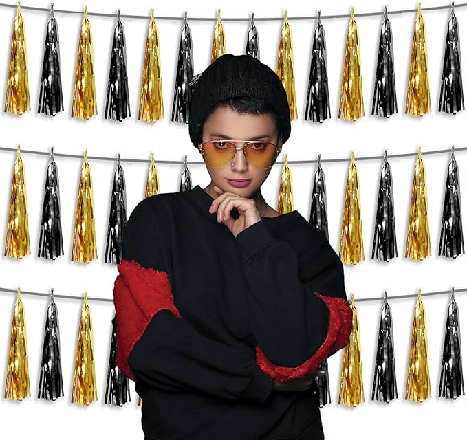 3P Metallic Fringe Tassel Banner Garland Foil Tinsel Streamer Wall Hanging Curtain Backdrop Banner for Parade Floats,Graduation Decorations, Father's Day,New Years Party Decoration(Black Gold)