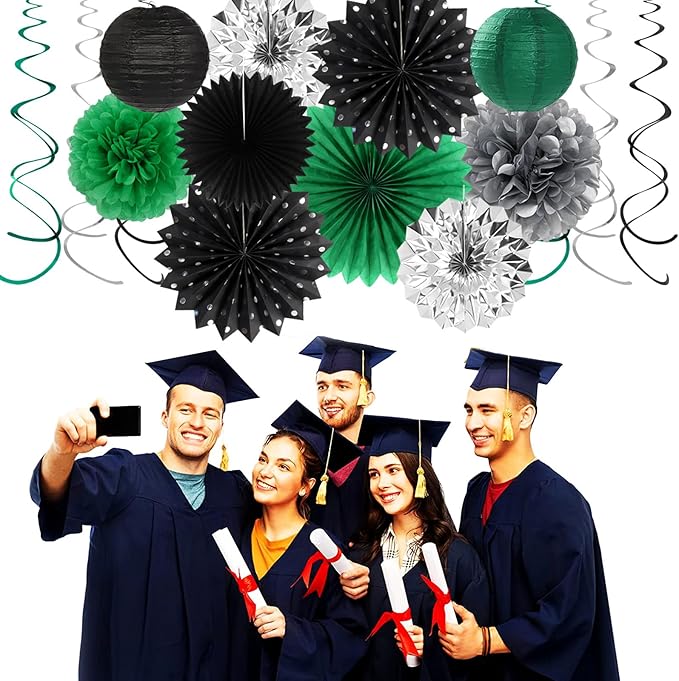 Black Green Silver Football Party-Decorations - 33pcs Banner,Soccer Graduation Streamers Tassel Garland,Tissue Pom Poms Honeycomb,Paper Lantern Fans,Men Boys Birthday Spring Summer Jungle Decor Hugtmr