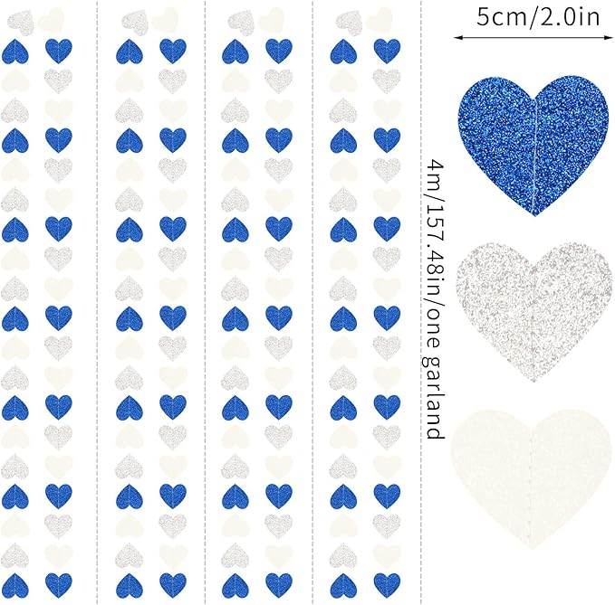 Navy-Blue White-Silver Birthday Party-Decorations Streamers - 52FT Graduation Hanging Heart Garland Banner,Baby Bridal Shower Wedding Engagement Bachelorette Backdrop Decor Hugtmr