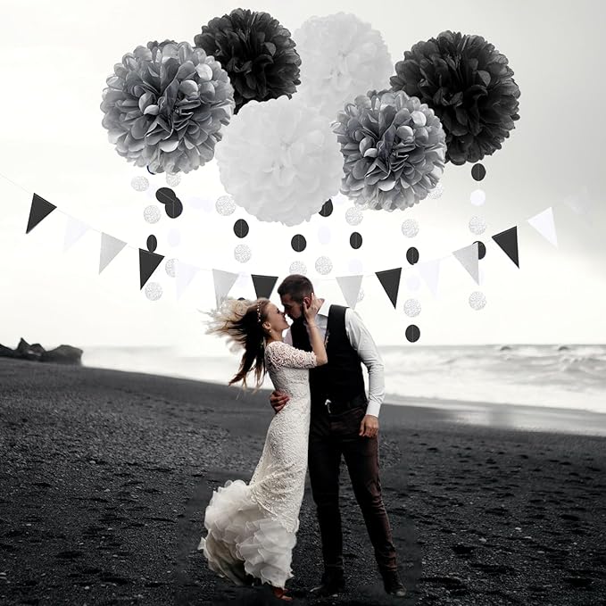 Black White Silver Party-Decorations Streamers - 23pcs Tissue Pom Poms, Graduation Men Boys Birthday Tassel Garland Banner,Wedding Baby Bridal Shower New Years Decor Lasting Surprise