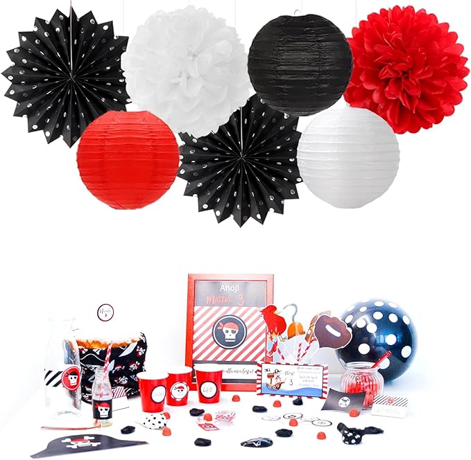 Black White-Red Party-Decorations Streamers Lanterns - 14pcs Birthday Graduation 2025 Paper Honeycomb Fan,Tissue Pom Poms,Men Women Wedding Baby Shower Backdrop Supplies Decor Ouruola
